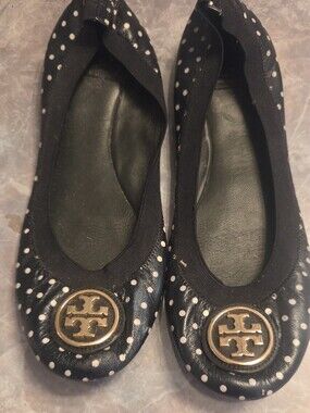 Tory Burch Black Polka Dot  Ballet Flats with Gold Logo